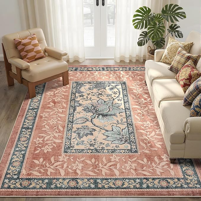 GarveeHome Terracotta Teal Washable 6x9 Area Rugs, Botanical Grove Vintage by GarveeHome