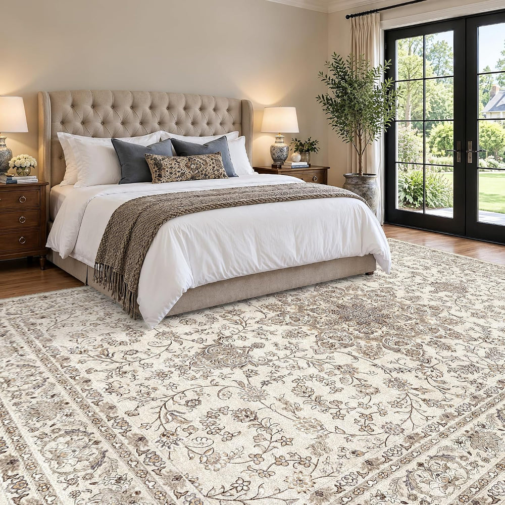 8x10 Washable Area Rug - Ivory Vintage Rug for Living Room Bedroom