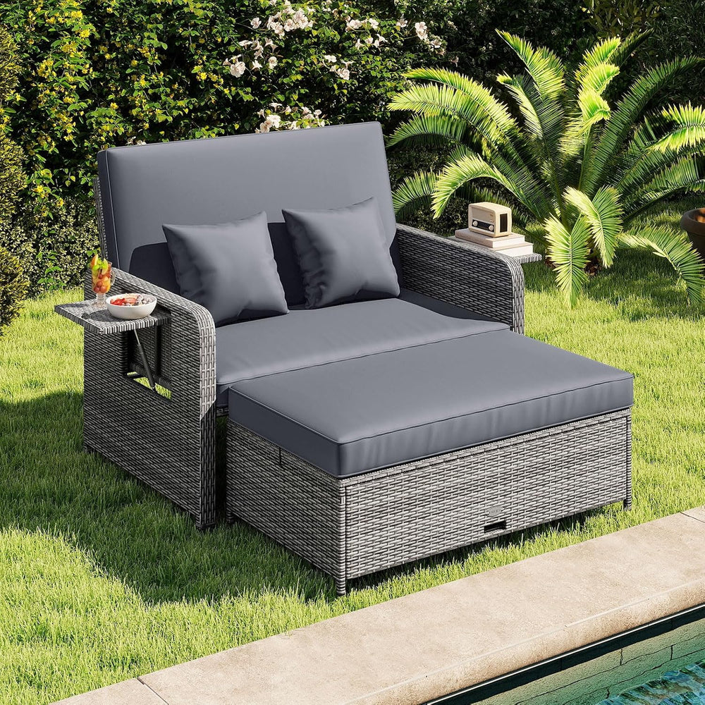 Tangkula Patio Rattan Daybed with 4-Level Adjustable Backrest, Grey Cushion