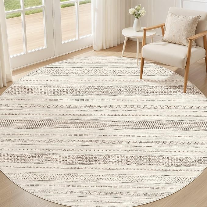 Nakagishi Round Rug Boho Area Rugs: 6x6 Washable Large Circle Neutral Soft by NakagishiAreaRug