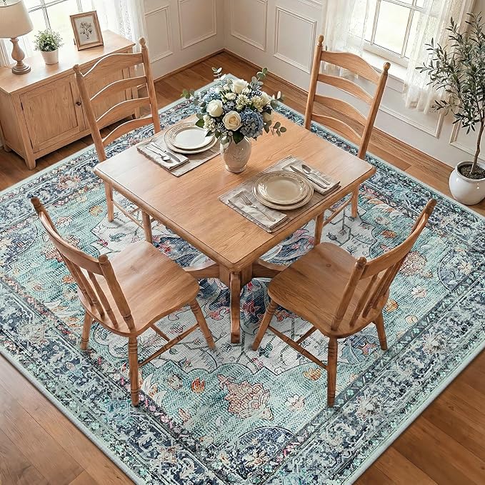 Area Rugs Square 8ft Washable Non-Slip, Floral Vintage Distress Print Pattern - Image 2