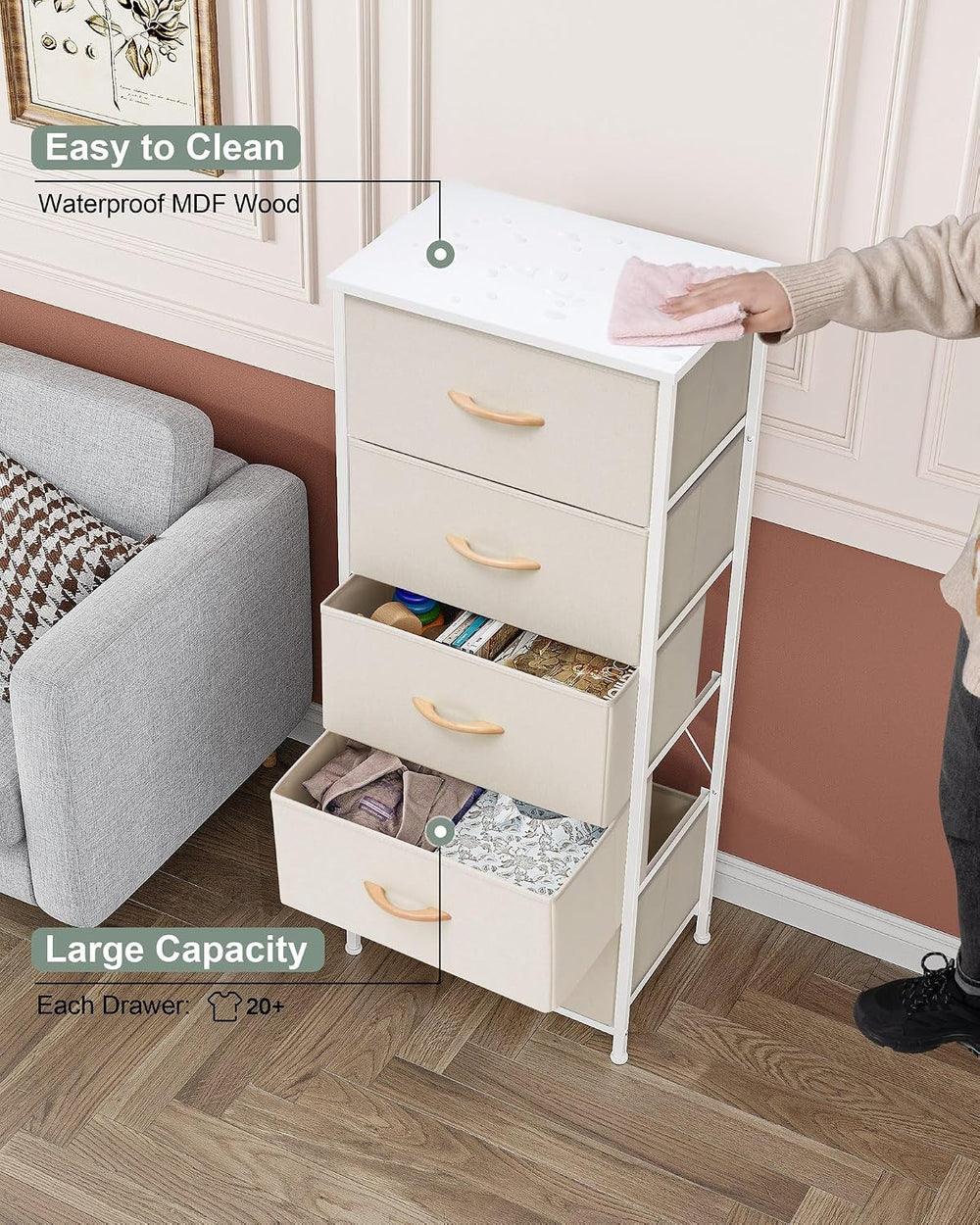 Tall Dresser Vertical Fabric Storage Tower Organizer, 5 Drawers (Beige)