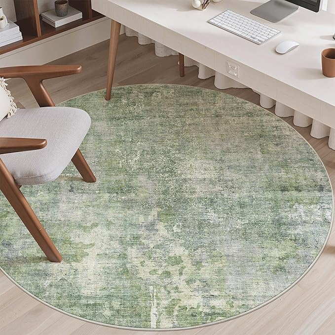 6x6 Green/Ivory Round Rug 6ft Living Room Circle Rug Vintage Round Area Rug Non - Image 4