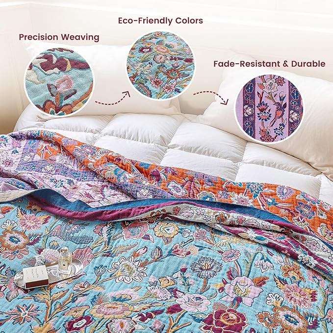 MSGKV Boho Throw Blanket for Couch 50"x60" 100% Cotton Sofa Floral Bird Blanket - Image 3