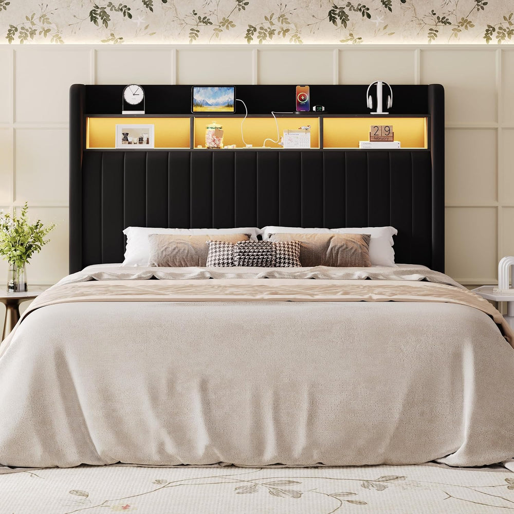 SHA CERLIN Full Size Platform Bed Frame / 2-Tier Storage Shelf/Velvet Wingbac...
