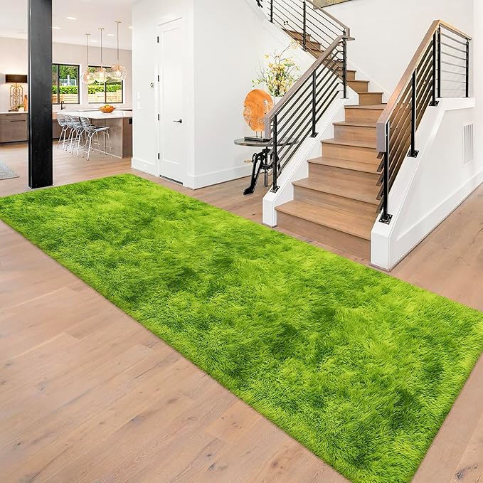 Tie-Dyed Runner Rug for Bedroom Green 3x10ft Fluffy Area Rug Bedside Runner Rug by JiaoBaba