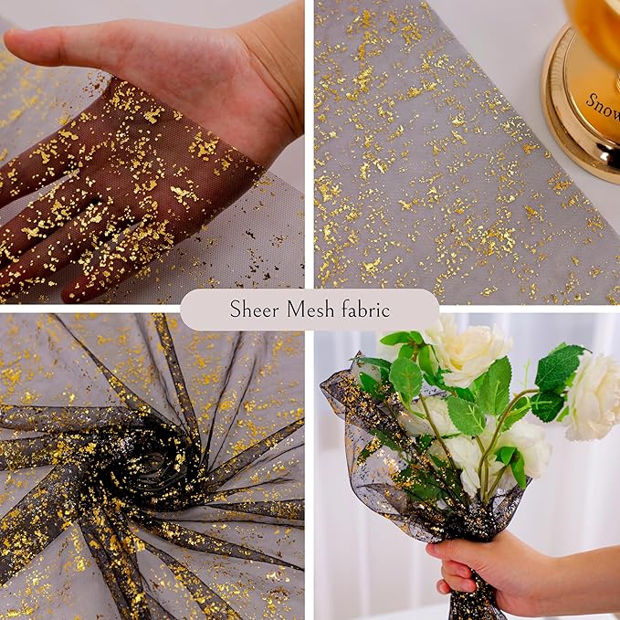 Snowkingdom 10 Pcs Black & Gold Cheesecloth Table Runner 10 FT, Sheer Chi...