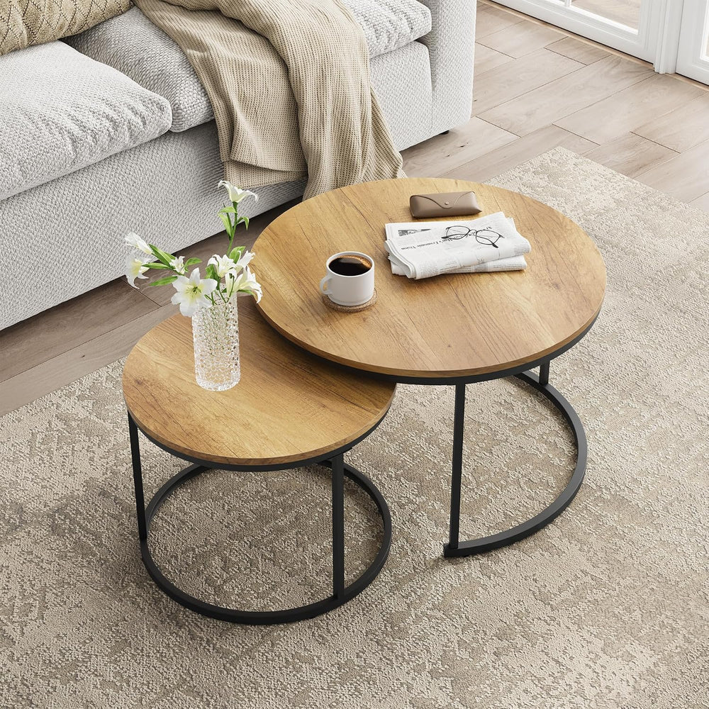 Smuxee Nesting Coffee Table Set of 2, 27.6" Round Coffee Table Wood Grai...