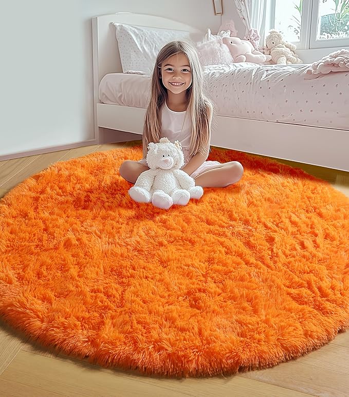 ONASAR Orange Round Rugs 5ft for Bedroom Living Room, Fluffy Circle Area Rug - Image 3