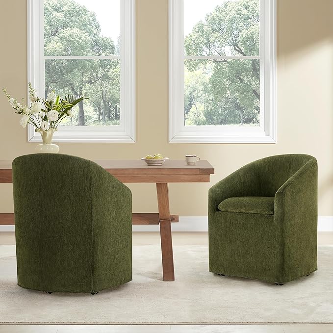 Upholstered Dining Chairs with Casters, Washable Cover Modern Dining Room Cha...