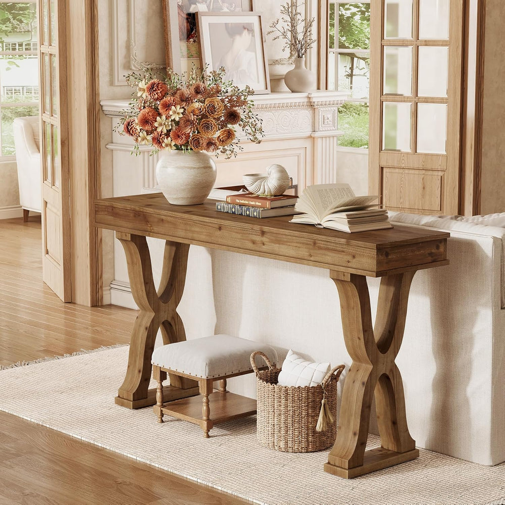 63-Inch Solid Wood Console Table, Farmhouse Entryway Table with X-Shaped Legs...