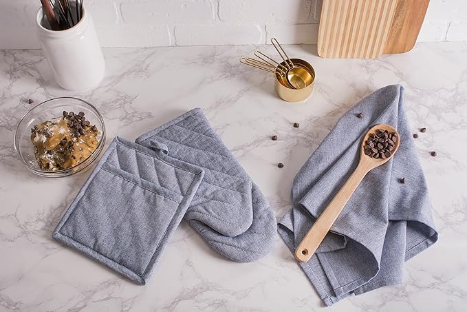 DII 100% Cotton Solid Chambray Kitchen Set, Oven Mitts, 2 Piece - Image 4