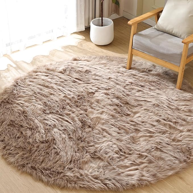 ORINOVA Beige Fuzzy Living Room Washable Area Rug 5ft Round Shag Faux Sheepskin - Image 3