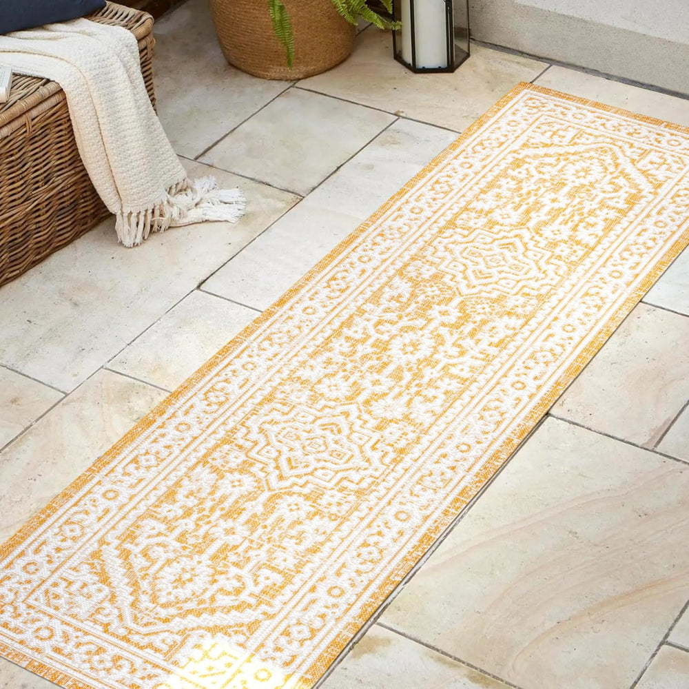 JONATHAN Y Medallion Weave Indoor Outdoor Runner Rug 2X8 Yellow/Cream, Sinjur...