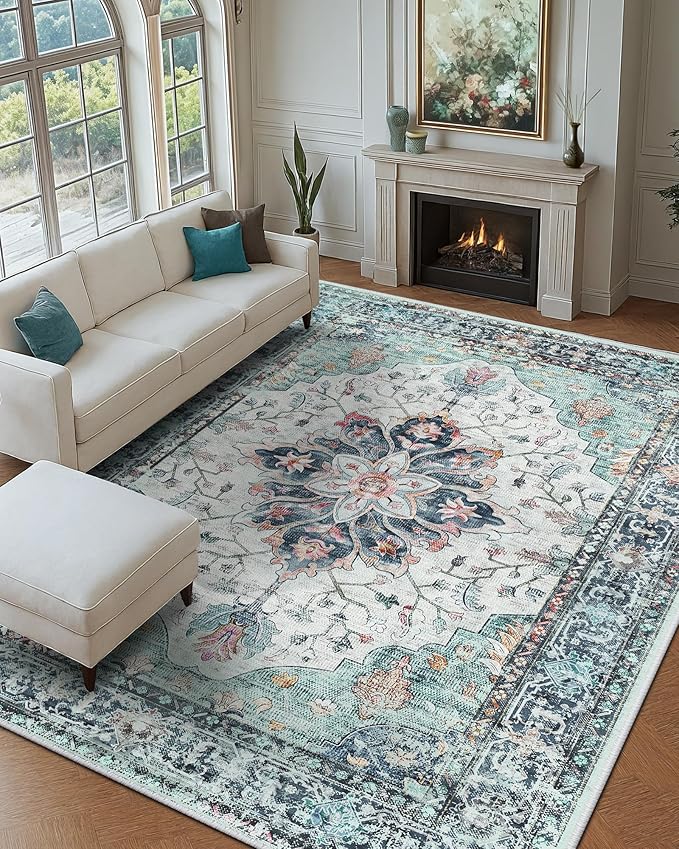 Area Rugs 9'x12' Washable Non-Slip, Floral Vintage Distress Print Pattern by RELEANY