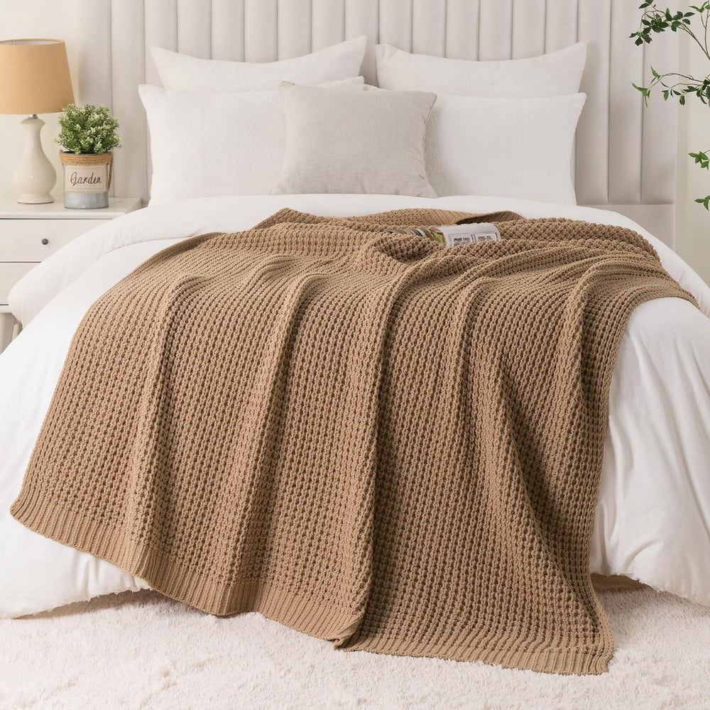 Beige Throw Blanket for Couch, Tan Waffle Knitted Throw Blankets 50"x60&...