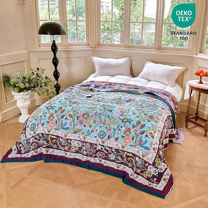 MSGKV Boho Throw Blanket for Couch 50"x60" 100% Cotton Sofa Floral Bird Blanket - Image 6