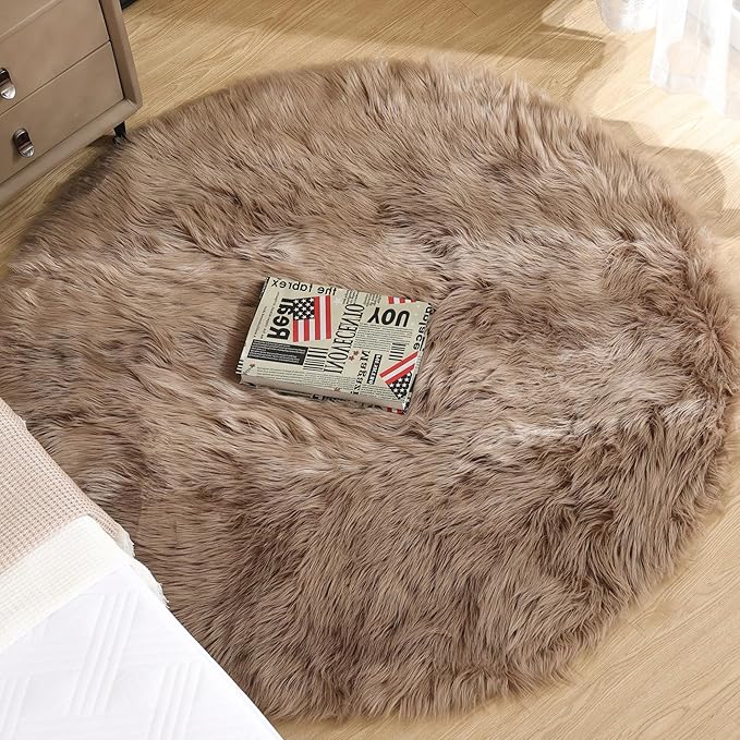ORINOVA Beige Round Cozy 4ft Shag Rug Washable Furry Soft Area Rug - Image 4