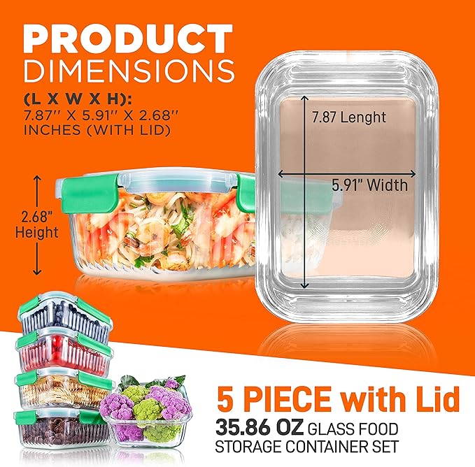 NutriChef 10-Piece Superior Glass Food Storage Containers Set, Stackable - Image 2