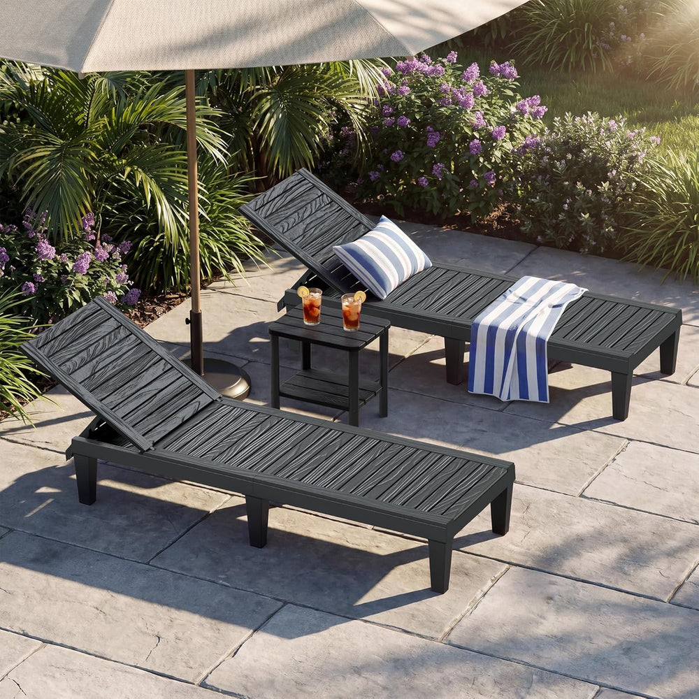 Outdoor Chaise Lounges, Patio Lounge Chair (Black Wood Grain, Set of 2)