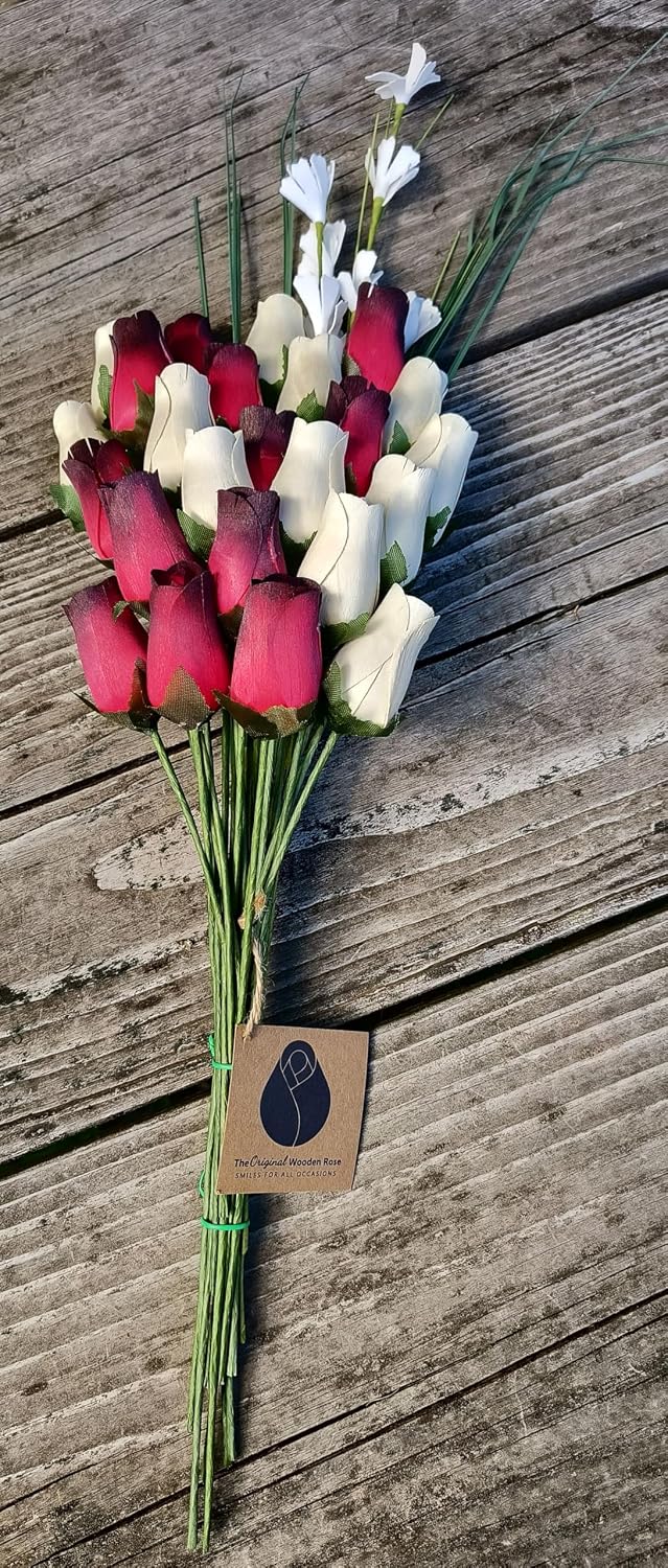 Red with Black Tips and White Wooden Rose Bouquet (2 Dozen)