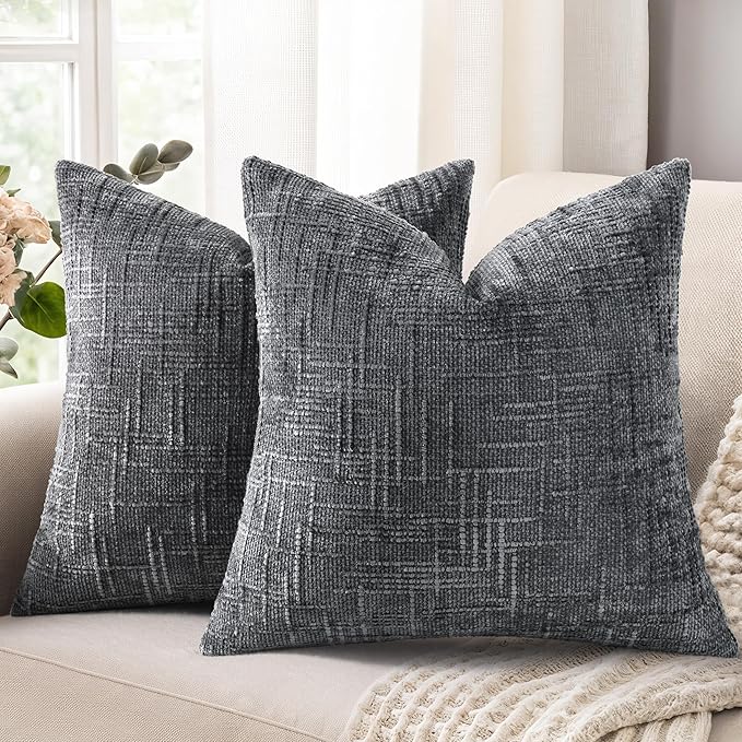 decorUhome Dark Grey Chenille Euro Sham Throw Pillow Covers 22x22 Set of 2 by decorUhome