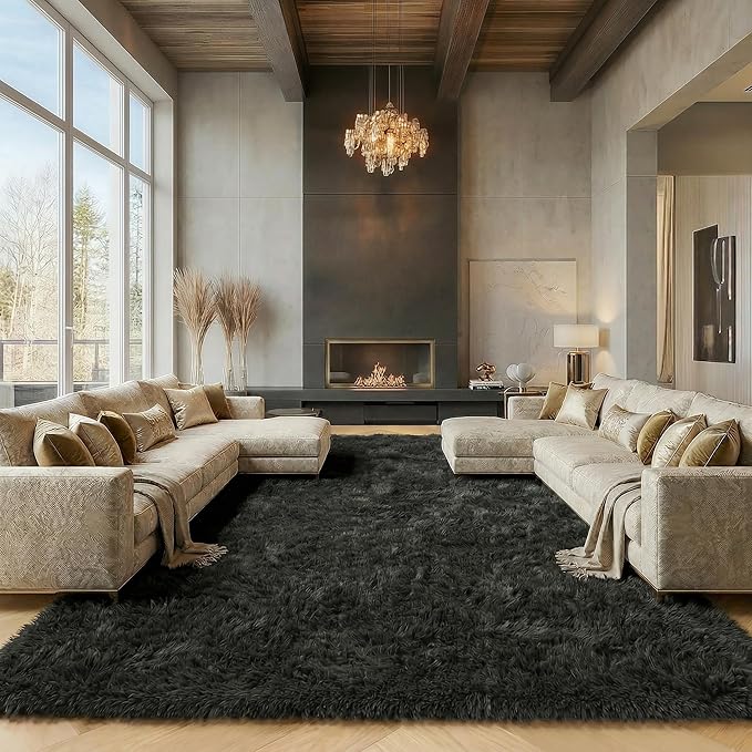 ONASAR Black Area Rugs 9x12 Living Room, Large Fluffy Shag Bedroom Rug by ONASAR