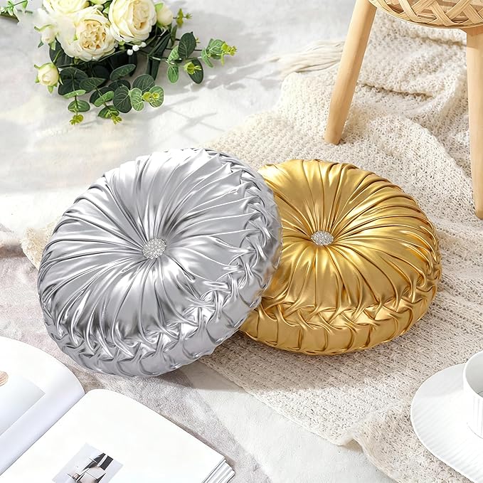 HIG Set of 2 Handcrafted Silver Ruched Round Throw Pillows – 14.5’’ Metallic - Image 8