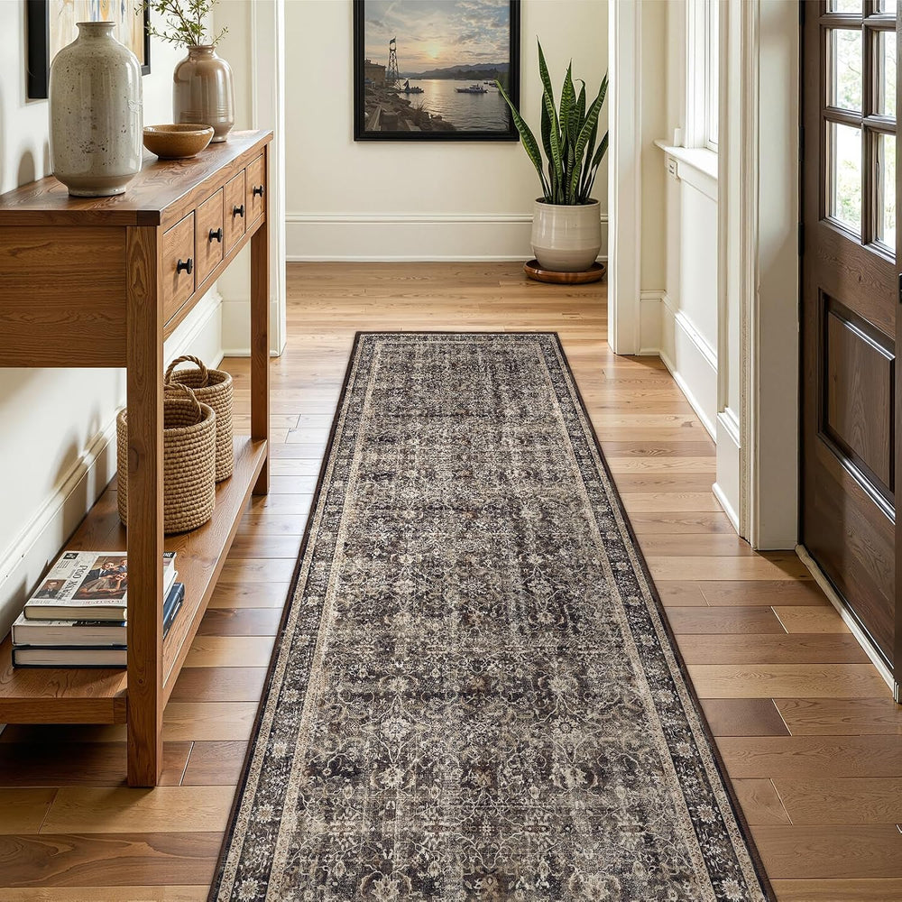 Washable Hallway Runner Rug 2'x6', Vintage MCM, Black/Brown/Beige