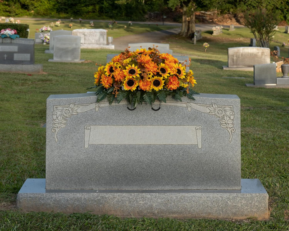 Sympathy Silks 30-Inch Fall Headstone Saddle, Sunflowers & Amber Mums