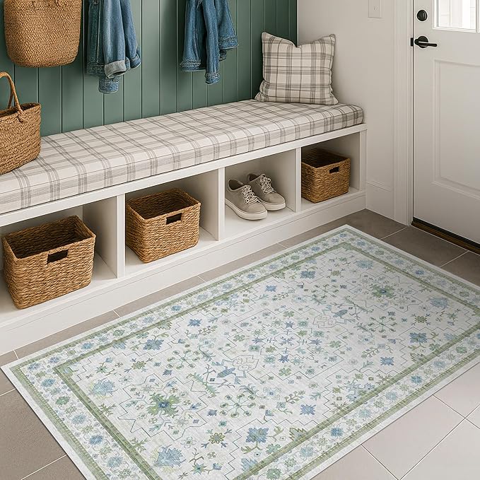 Blue and Green Washable Entryway Rugs 3x5 by HazoHaus