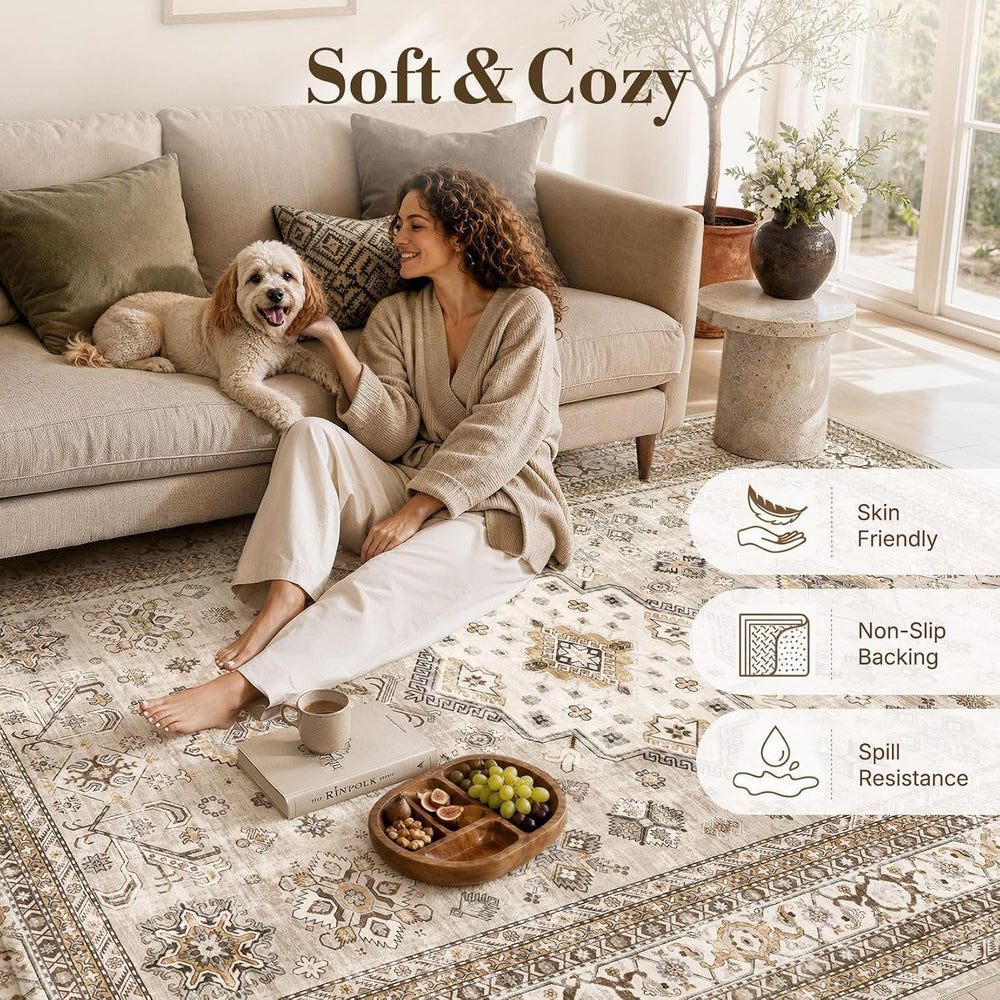 cotiled 6x9 Area Rug for Living Room, Washable, Traditional, Beige