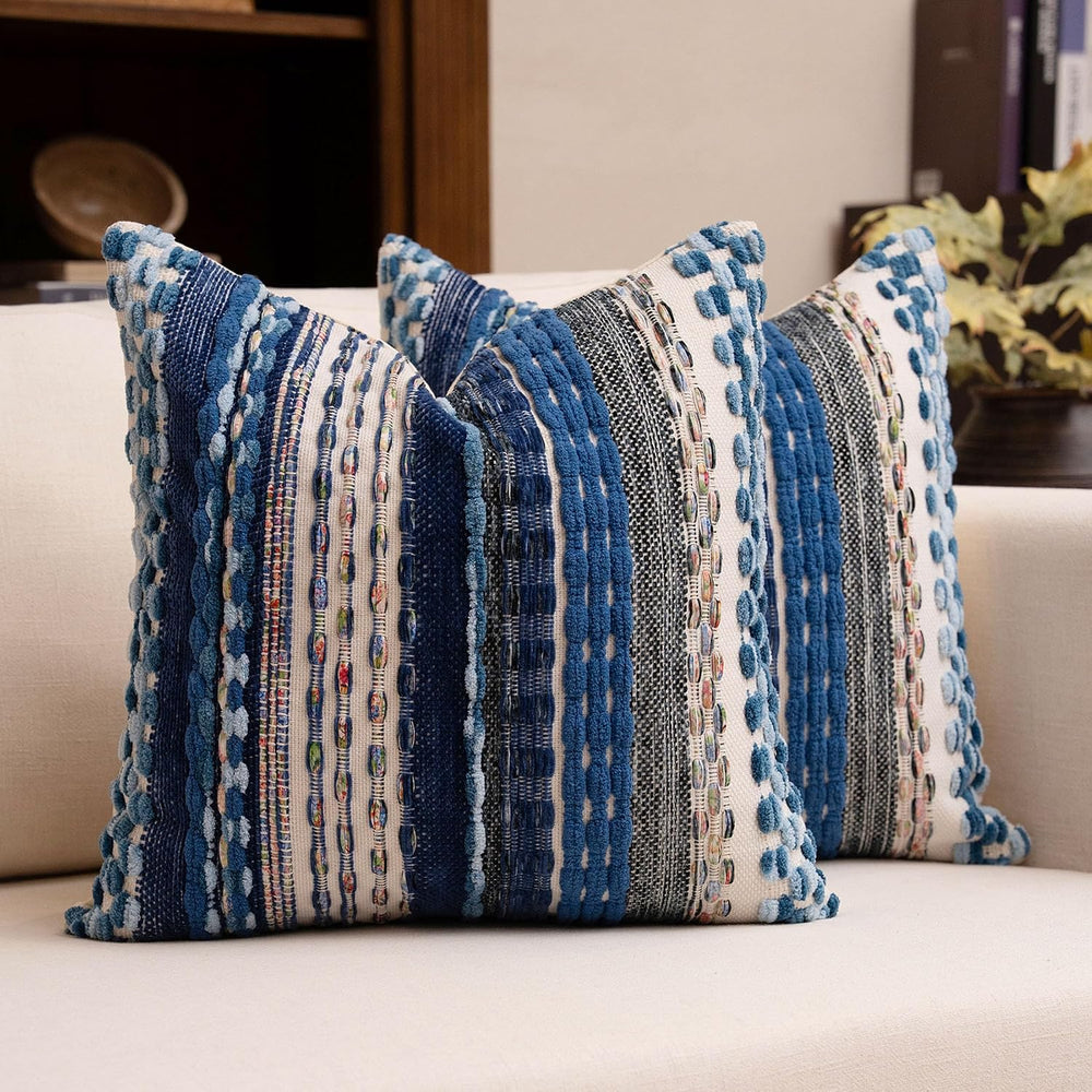 Boho Chenille Tufted Throw Pillow Covers 18x18 Inch Set of 2 Farmhouse Blue W...