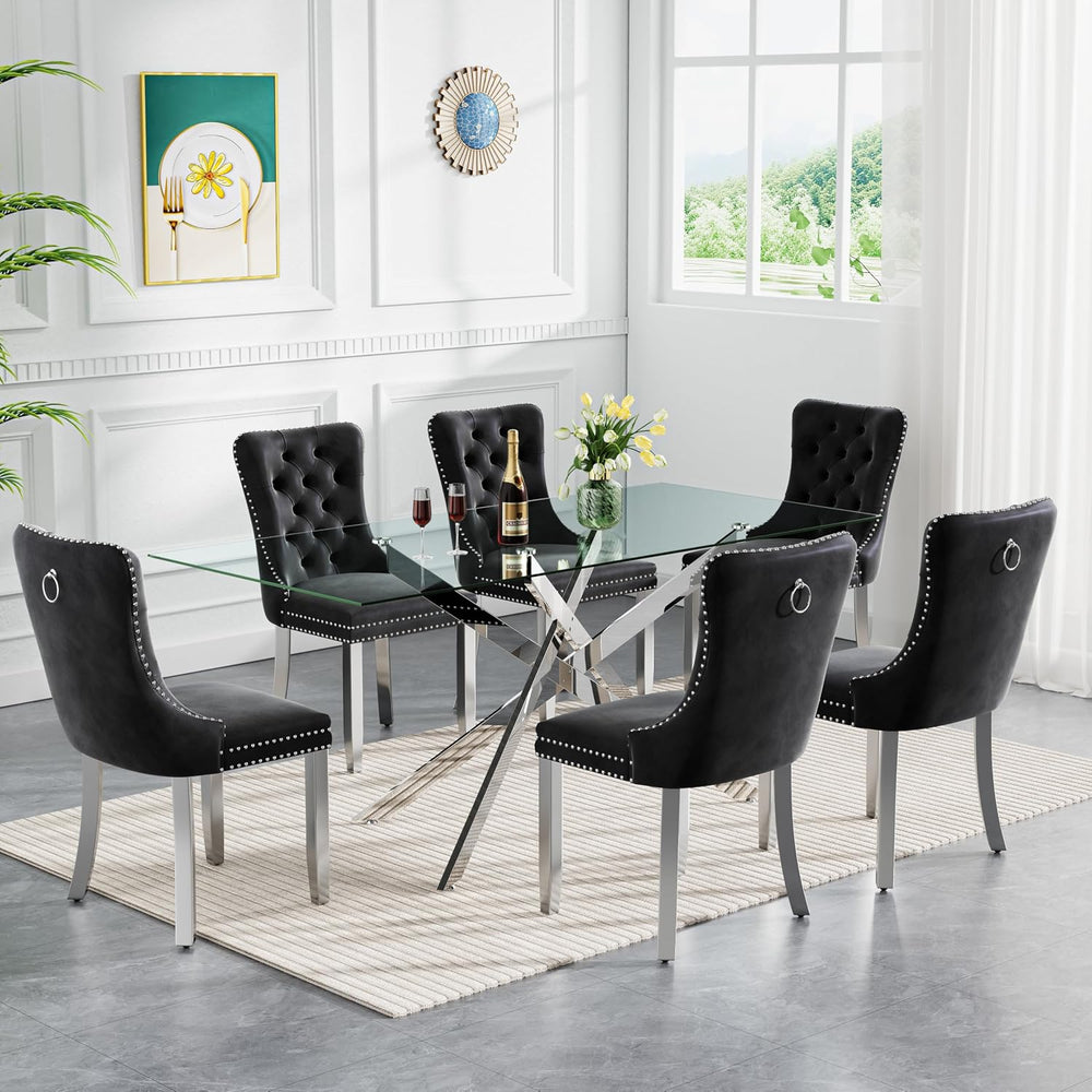 61" Rectangle Glass Dining Table for 4-6, Luxury Kitchen Table with Temp...