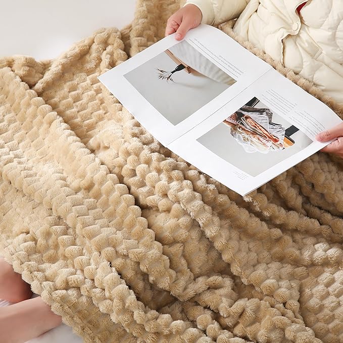 Puncuntex Beige Throw Blanket 60"×80" inches Fuzzy 3D Jacquard Decorative - Image 5
