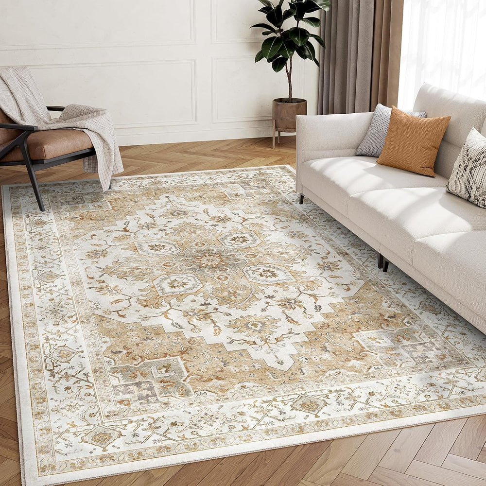 Amada 5x7 Washable Area Rug for Living Room, Beige, Vintage Pattern