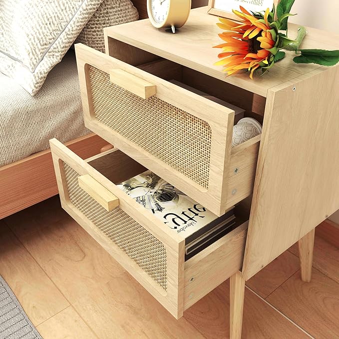 Rattan Nightstand,Boho Bedside with Storage,End Table,Side Table with 2 Hand ...