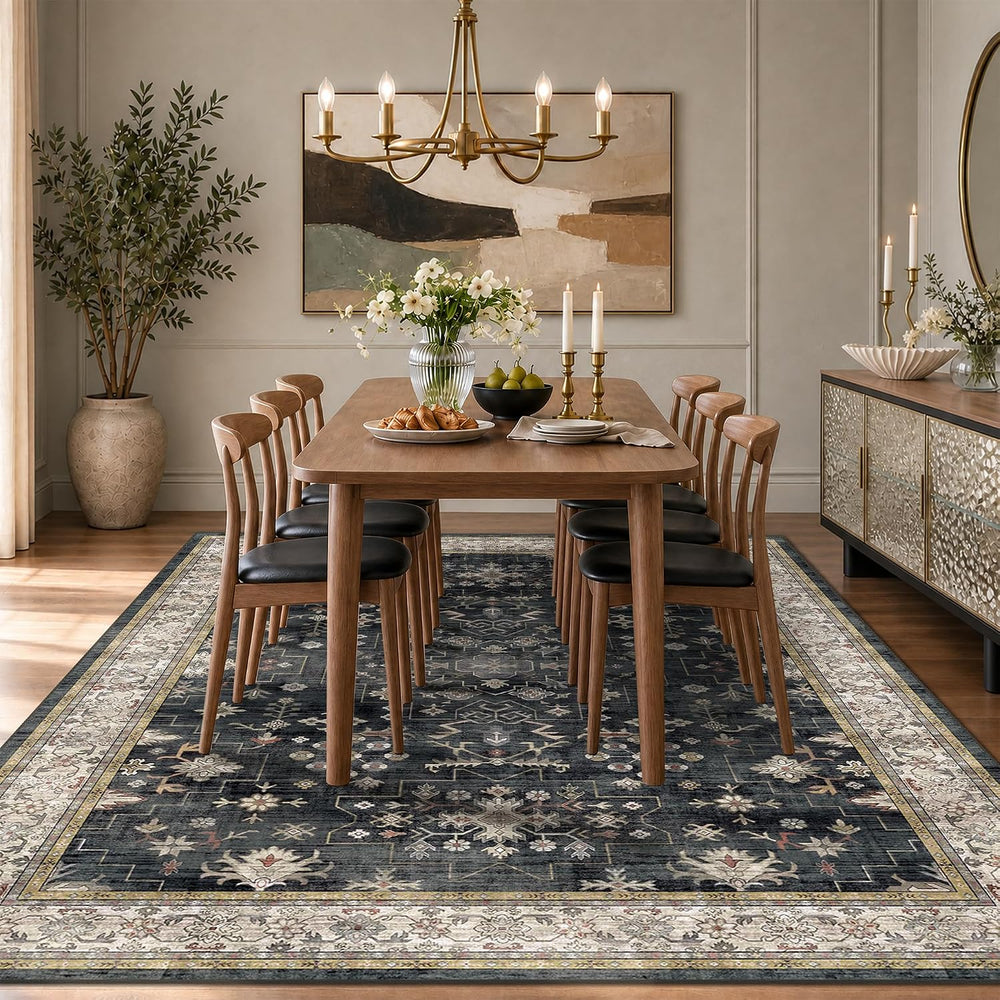 Boho Black Rug for Living Room - Washable 10x14 Area Rug, Dining Room Rugs fo...