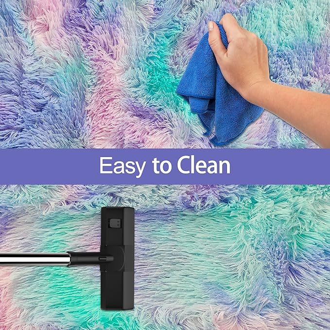 Super Soft Fluffy Living Room Area Rug 2x8 ft Purple Rainbow Tie-Dyed Shaggy - Image 7