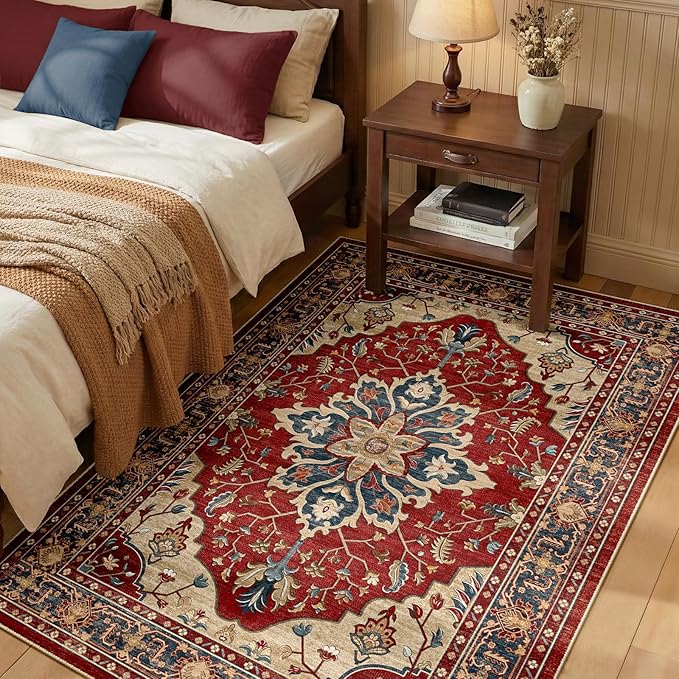 Area Rugs 3'x5' Washable Non-Slip, Floral Vintage Distress Print Pattern by RELEANY