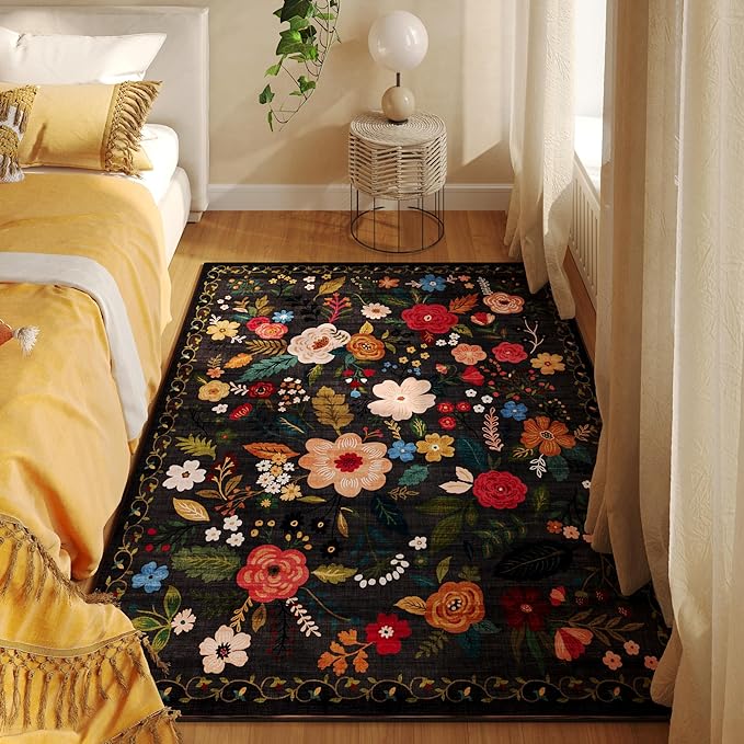 Rugcomf Bedroom Rug 3x5 Rug Washable Area Rug Non Slip Low Pile Boho Floral - Image 2