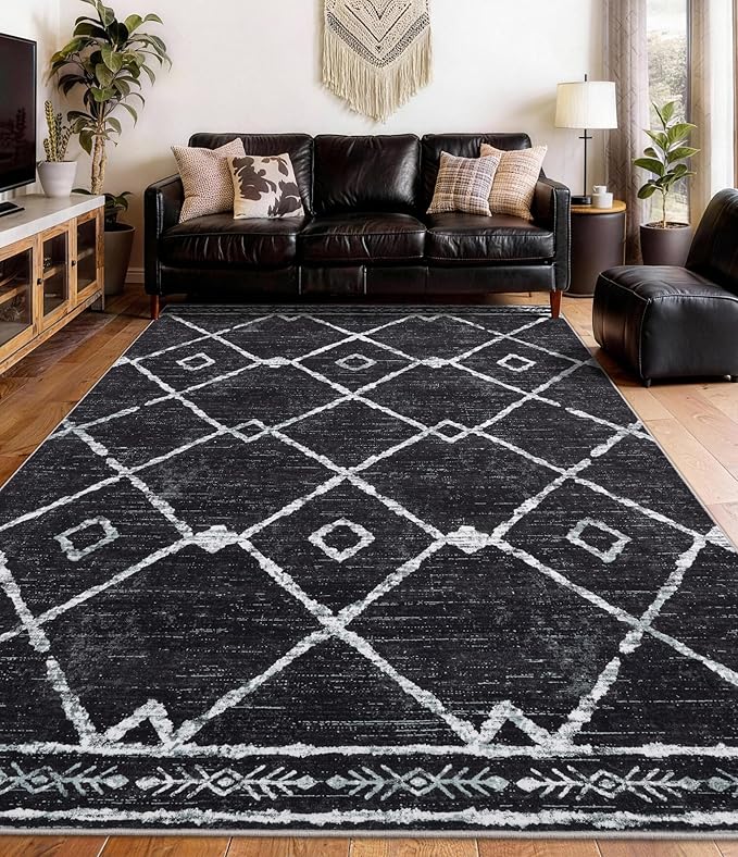 YIHOUSE Moroccan Rugs for Living Room, 6x9 Black and White Aztec Area Rug by YIHOUSE