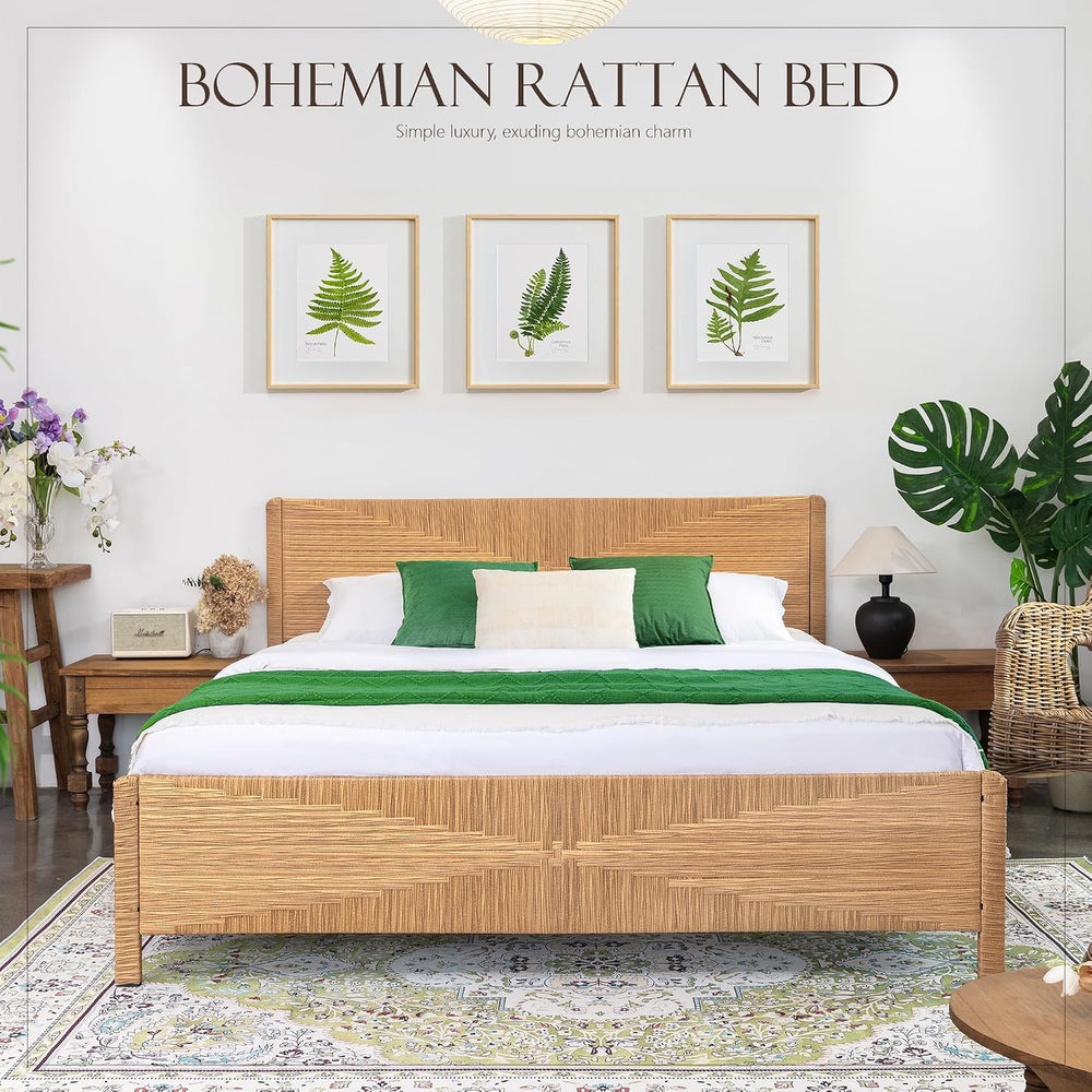 Hand-Woven PE Rattan King Bed Frame with Headboard and Footboard, Boho Mid Ce...