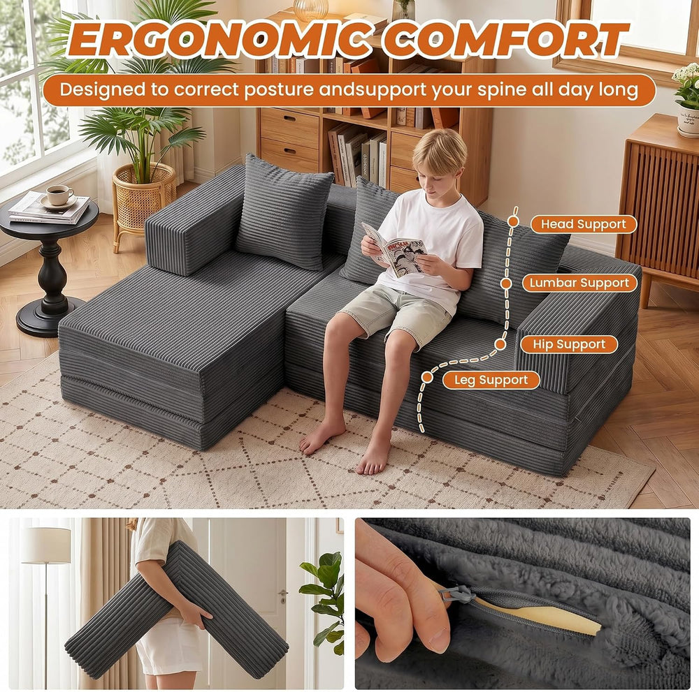 6-in-1 Tri-Folding Mattress | Cloud Boneless L-Shaped Modular Sectional Couch...