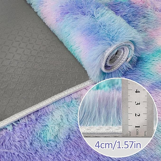 Super Soft Fluffy Living Room Area Rug 2x8 ft Purple Rainbow Tie-Dyed Shaggy - Image 5