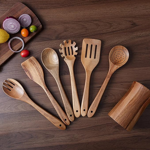 7 Piece Natural Acacia Wooden Kitchen Utensil Set - Image 2