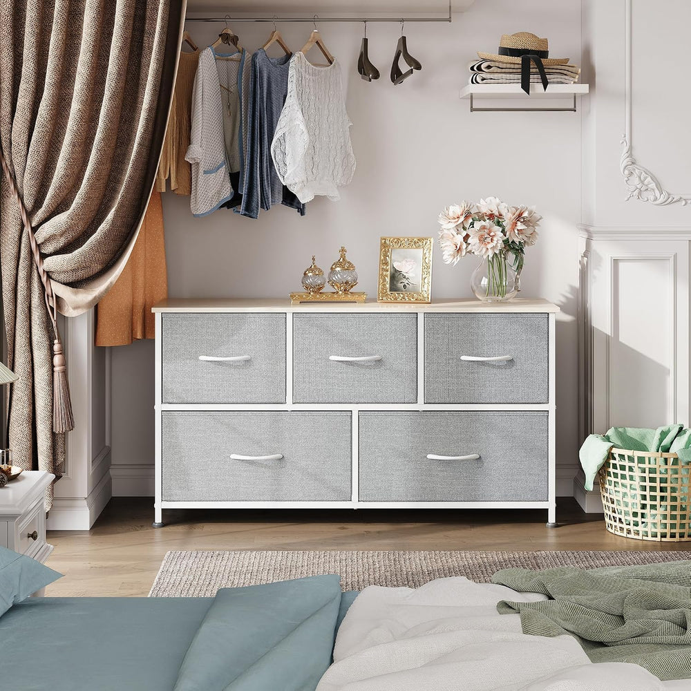 WLIVE Dresser for Bedroom, Wide Dresser with 5 Fabric Drawers, Light Grey