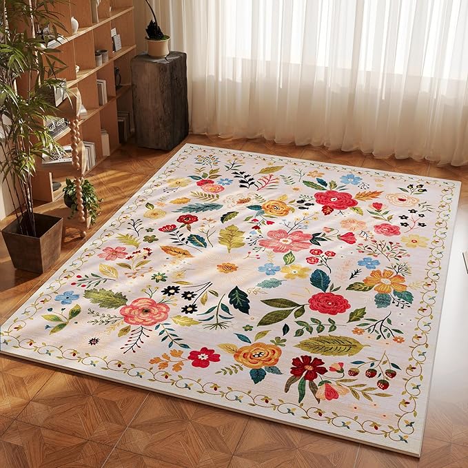 Rugcomf Area Rug 4x6 Rug Washable Boho Rugs Non Slip Low Pile Floral Small - Image 2
