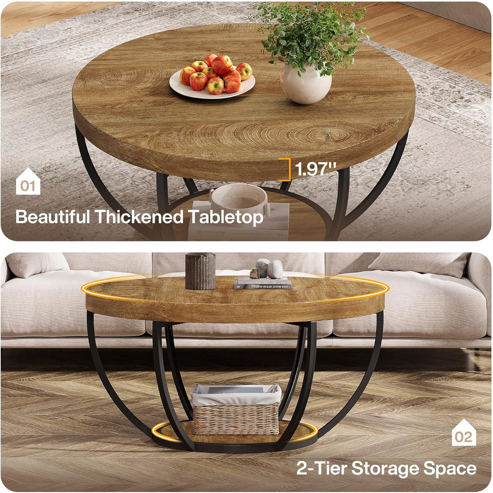 Tribesigns Round Coffee Table, 31.7" Wooden 2-Tier Circle Coffee Table w...