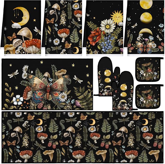 Fourluoo 10 Pcs Kitchen Dish Towels Rugs Oven Mitts and Pot Holders Set by Fourluoo